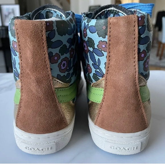 COACH Multi Color High Top Pointed Toe Floral Sneaker All Leather Size 5.5M NEW - Picture 3 of 6